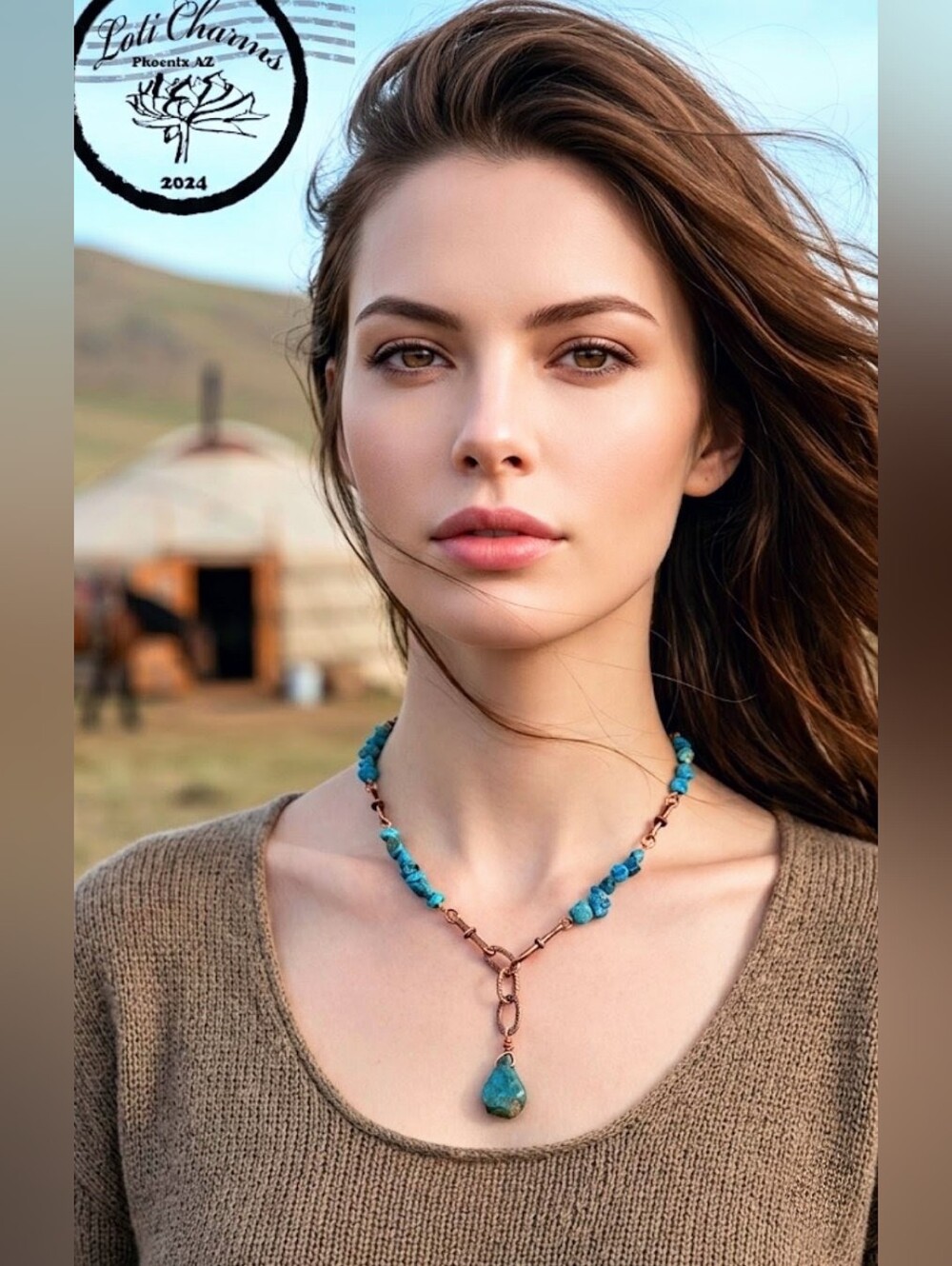 Genuine Blue Turquoise Chips In Industrial Vibe Antique Copper Artisan Necklace - Picture 2 of 9